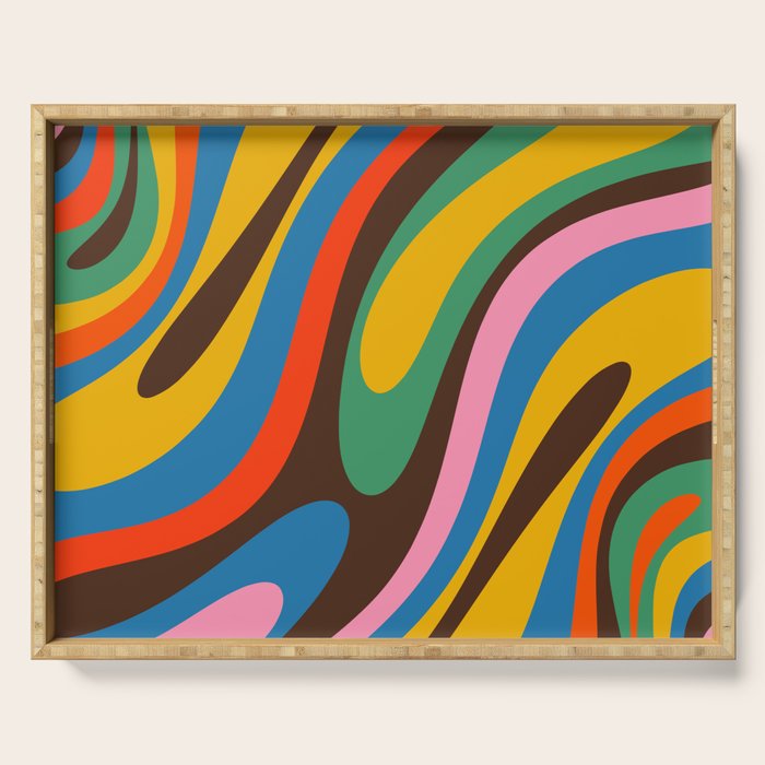 Wavy Loops Colourful Retro Abstract Pattern Blue Pink Green Orange Yellow Pink Brown Serving Tray Gallery Image 1