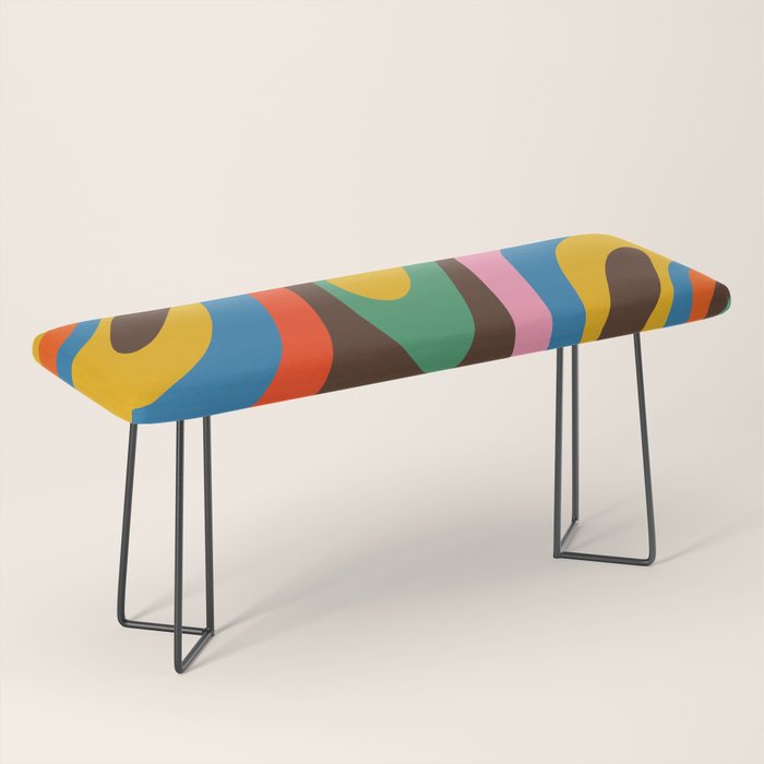 Wavy Loops Colourful Retro Abstract Pattern Blue Pink Green Orange Yellow Pink Brown Bench Gallery Image 1