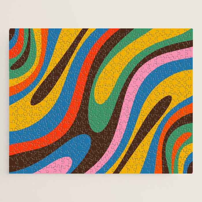 Wavy Loops Colourful Retro Abstract Pattern Blue Pink Green Orange Yellow Pink Brown Jigsaw Puzzle Gallery Image 1