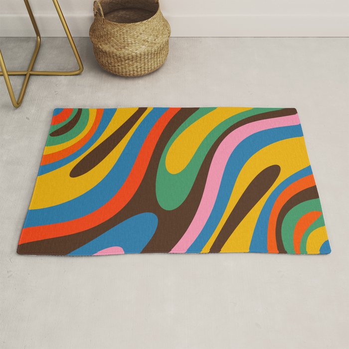 Wavy Loops Colourful Retro Abstract Pattern Blue Pink Green Orange Yellow Pink Brown Rug Gallery Image 1