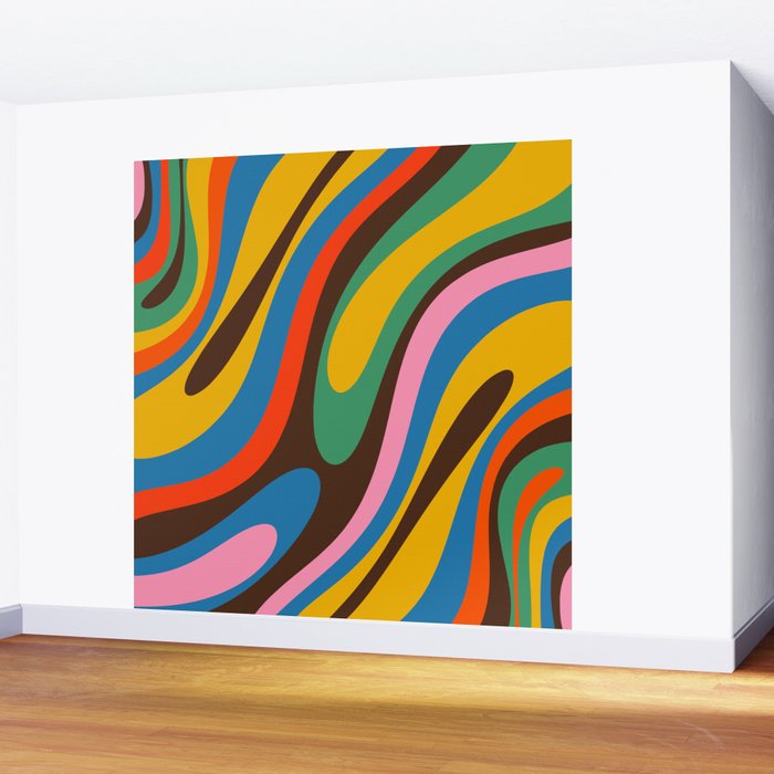 Wavy Loops Colourful Retro Abstract Pattern Blue Pink Green Orange Yellow Pink Brown Wall Mural Gallery Image 2