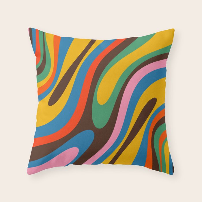 Wavy Loops Colourful Retro Abstract Pattern Blue Pink Green Orange Yellow Pink Brown Throw Pillow Gallery Image 6