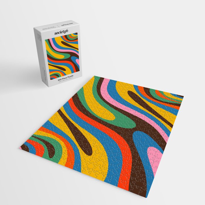 Wavy Loops Colourful Retro Abstract Pattern Blue Pink Green Orange Yellow Pink Brown Jigsaw Puzzle Gallery Image 2