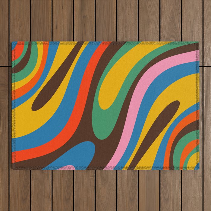 Wavy Loops Colourful Retro Abstract Pattern Blue Pink Green Orange Yellow Pink Brown Outdoor Rug Gallery Image 1