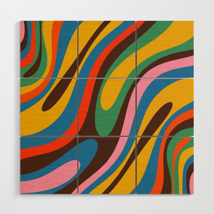 Wavy Loops Colourful Retro Abstract Pattern Blue Pink Green Orange Yellow Pink Brown Wood Wall Art Gallery Image 1
