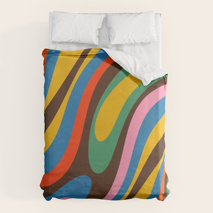 Wavy Loops Colourful Retro Abstract Pattern Blue Pink Green Orange Yellow Pink Brown Duvet Cover Gallery Image 1