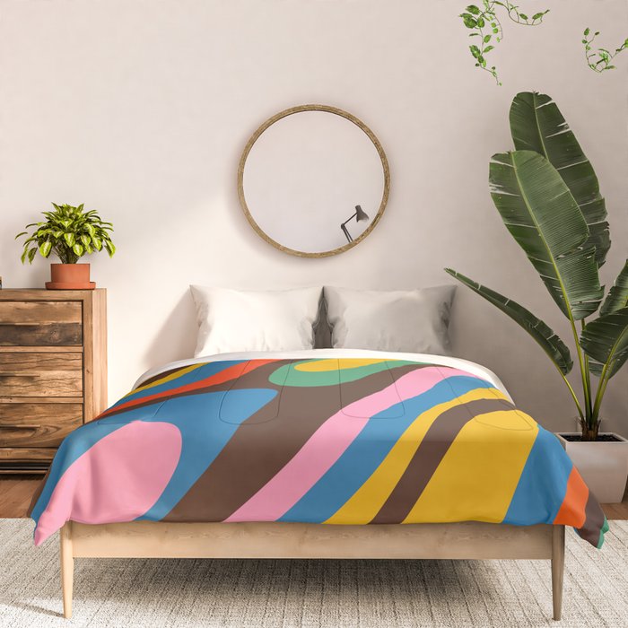 Wavy Loops Colourful Retro Abstract Pattern Blue Pink Green Orange Yellow Pink Brown Comforter Gallery Image 3
