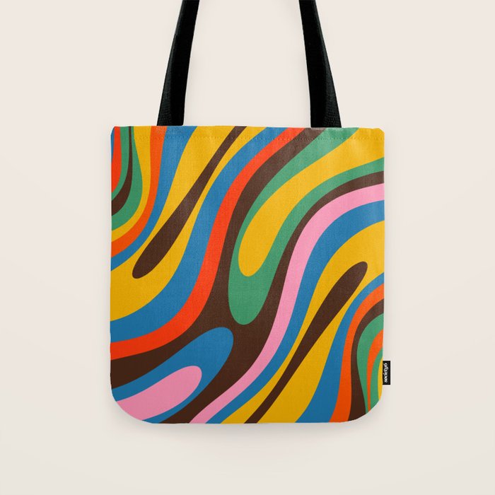 Wavy Loops Colourful Retro Abstract Pattern Blue Pink Green Orange Yellow Pink Brown Tote Bag Gallery Image 1