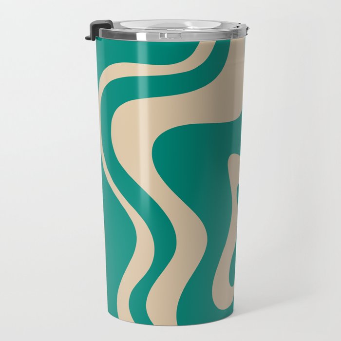 Liquid Swirl Retro Abstract Pattern in Mid Mod Turquoise Teal and Beige Travel Mug Gallery Image 3