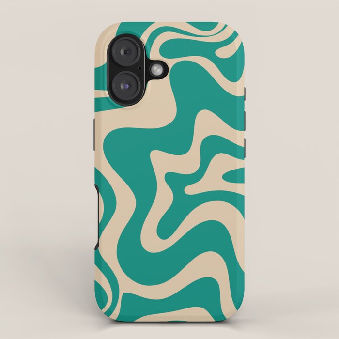 Liquid Swirl Retro Abstract Pattern in Mid Mod Turquoise Teal and Beige iPhone Case Gallery Image 1