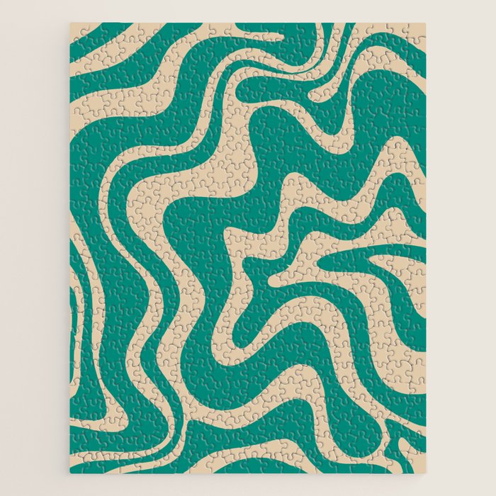 Liquid Swirl Retro Abstract Pattern in Mid Mod Turquoise Teal and Beige Jigsaw Puzzle Gallery Image 1