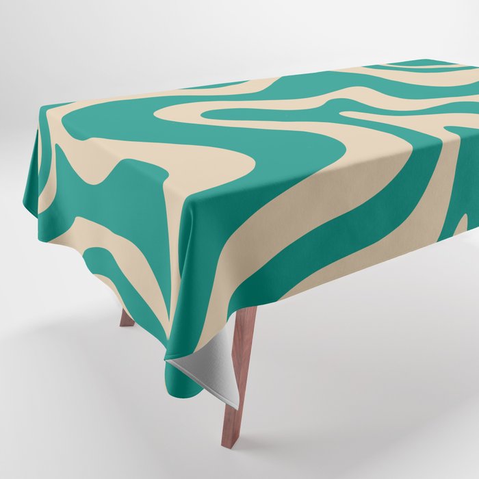 Liquid Swirl Retro Abstract Pattern in Mid Mod Turquoise Teal and Beige Tablecloth Gallery Image 1