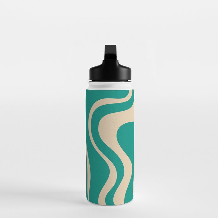 Liquid Swirl Retro Abstract Pattern in Mid Mod Turquoise Teal and Beige Water Bottle Gallery Image 3