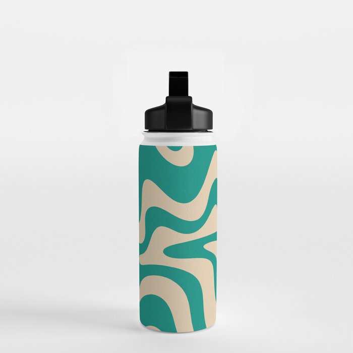 Liquid Swirl Retro Abstract Pattern in Mid Mod Turquoise Teal and Beige Water Bottle Gallery Image 2