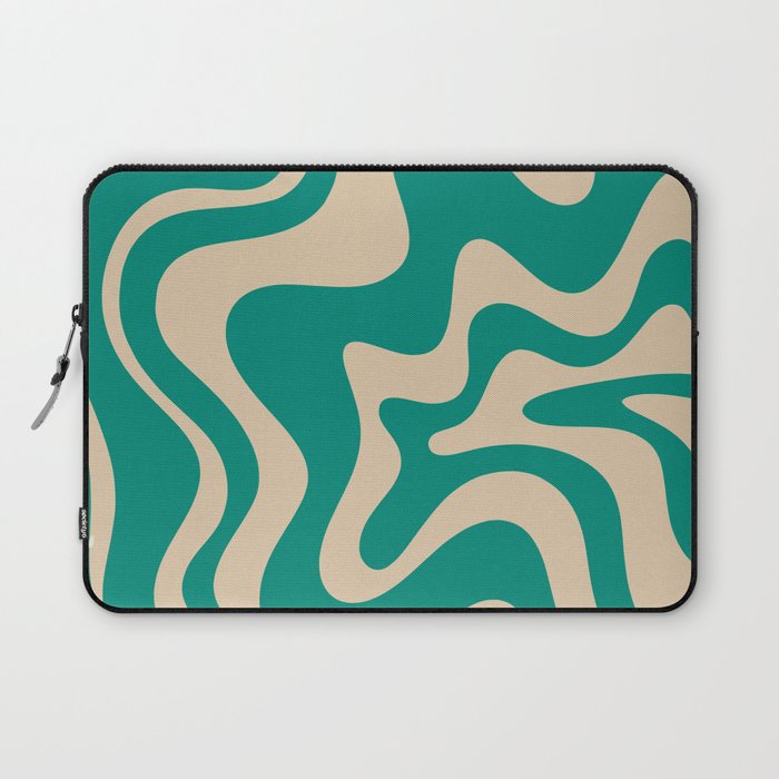 Liquid Swirl Retro Abstract Pattern in Mid Mod Turquoise Teal and Beige Laptop Sleeve Gallery Image 1