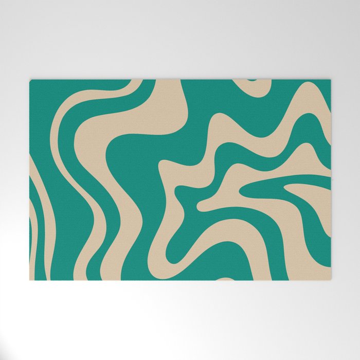 Liquid Swirl Retro Abstract Pattern in Mid Mod Turquoise Teal and Beige Welcome Mat Gallery Image 1