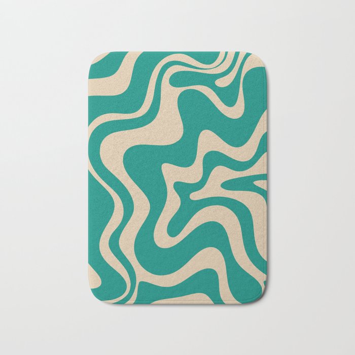 Liquid Swirl Retro Abstract Pattern in Mid Mod Turquoise Teal and Beige Bath Mat Gallery Image 1