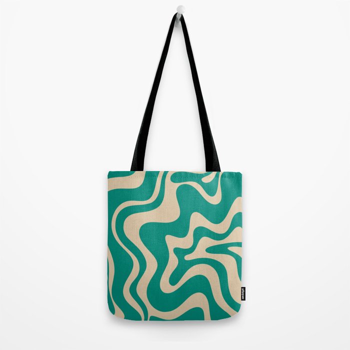 Liquid Swirl Retro Abstract Pattern in Mid Mod Turquoise Teal and Beige Tote Bag Gallery Image 2