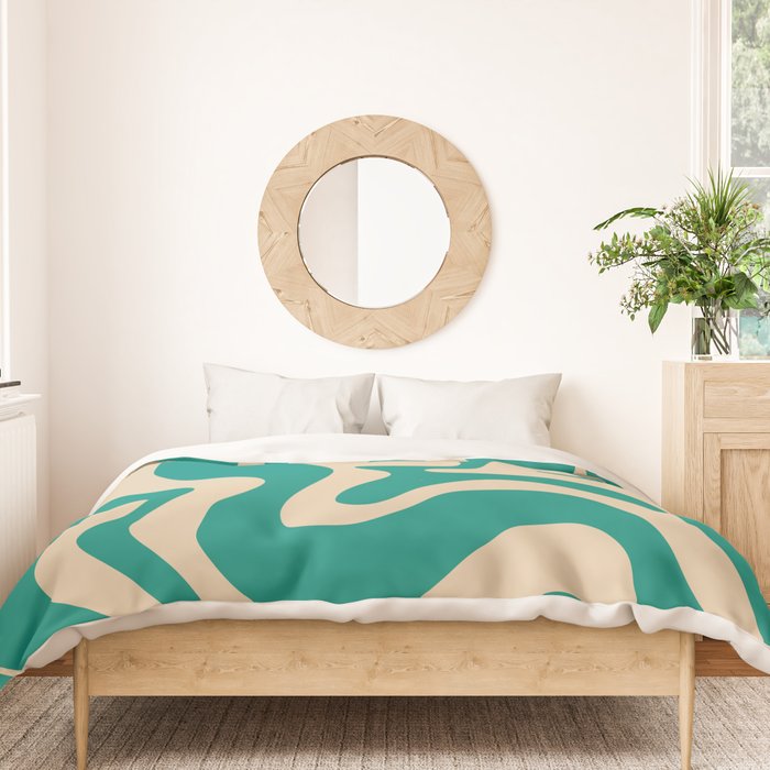 Liquid Swirl Retro Abstract Pattern in Mid Mod Turquoise Teal and Beige Duvet Cover Gallery Image 3
