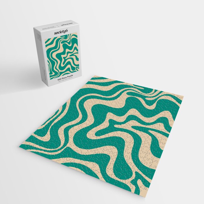 Liquid Swirl Retro Abstract Pattern in Mid Mod Turquoise Teal and Beige Jigsaw Puzzle Gallery Image 2