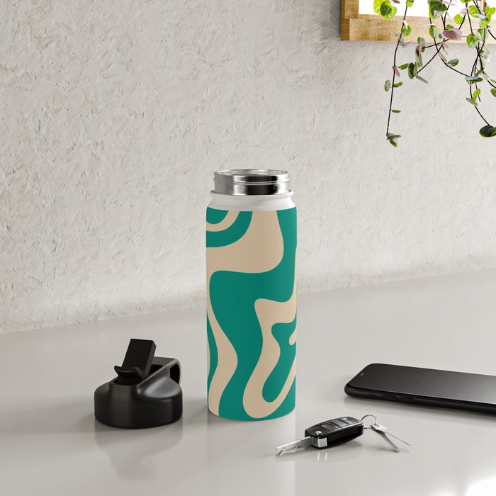 Liquid Swirl Retro Abstract Pattern in Mid Mod Turquoise Teal and Beige Water Bottle Gallery Image 4
