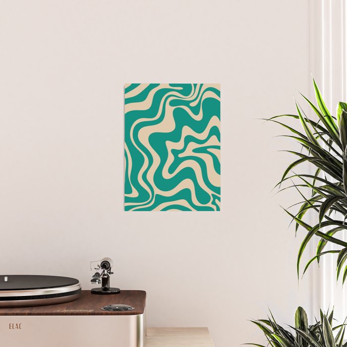 Liquid Swirl Retro Abstract Pattern in Mid Mod Turquoise Teal and Beige Poster Gallery Image 2