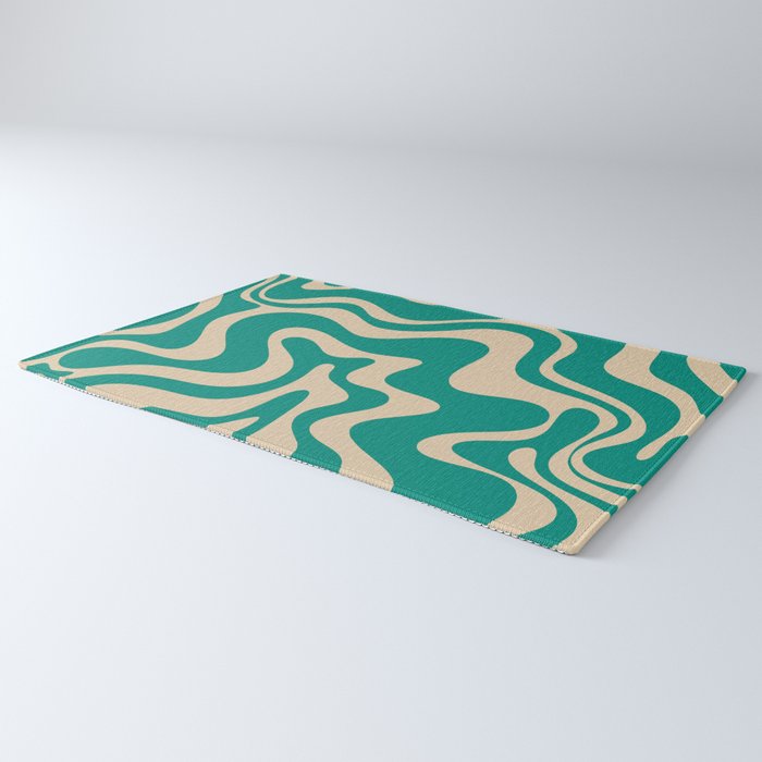 Liquid Swirl Retro Abstract Pattern in Mid Mod Turquoise Teal and Beige Rug Gallery Image 3