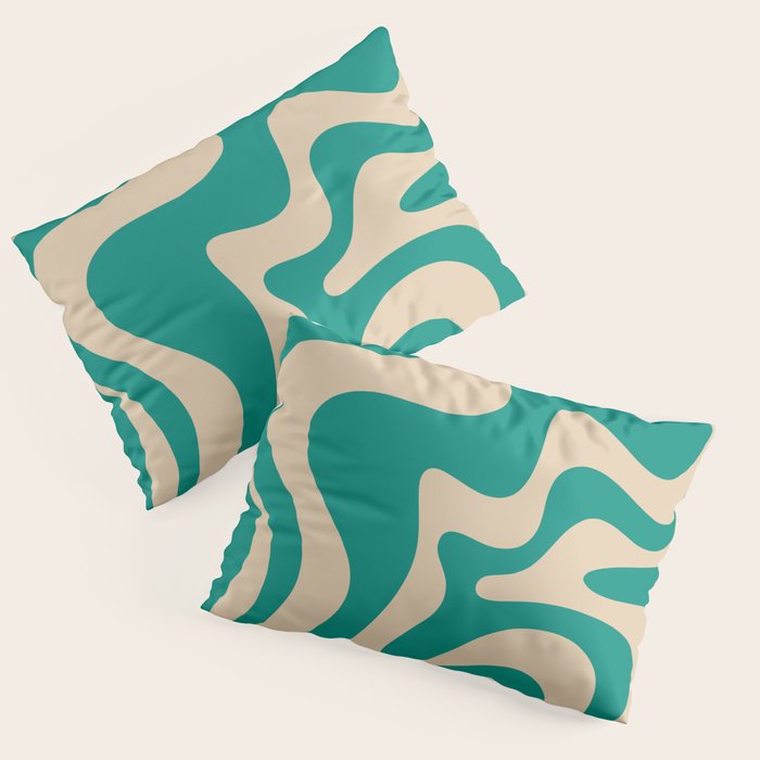 Liquid Swirl Retro Abstract Pattern in Mid Mod Turquoise Teal and Beige Pillow Sham Gallery Image 3