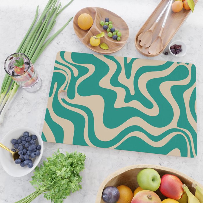 Liquid Swirl Retro Abstract Pattern in Mid Mod Turquoise Teal and Beige Cutting Board Gallery Image 2
