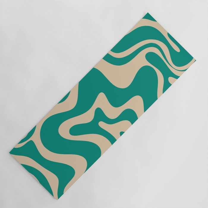 Liquid Swirl Retro Abstract Pattern in Mid Mod Turquoise Teal and Beige Yoga Mat Gallery Image 1