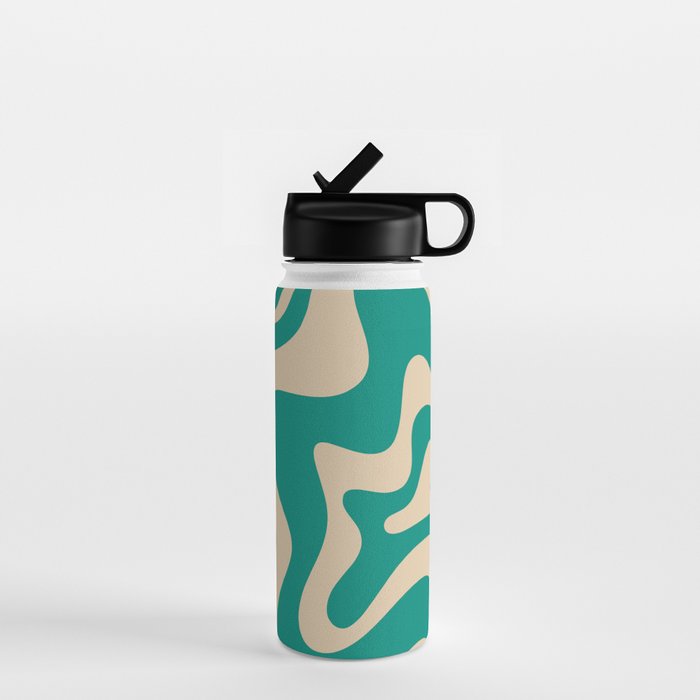 Liquid Swirl Retro Abstract Pattern in Mid Mod Turquoise Teal and Beige Water Bottle Gallery Image 1