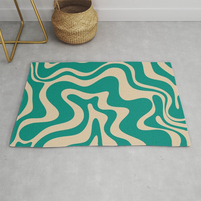 Liquid Swirl Retro Abstract Pattern in Mid Mod Turquoise Teal and Beige Rug Gallery Image 1