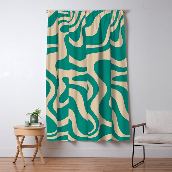 Liquid Swirl Retro Abstract Pattern in Mid Mod Turquoise Teal and Beige Window Curtain Gallery Image 5