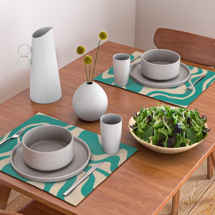 Liquid Swirl Retro Abstract Pattern in Mid Mod Turquoise Teal and Beige Placemat Gallery Image 2