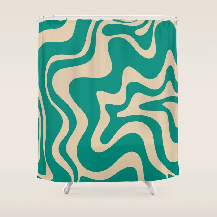 Liquid Swirl Retro Abstract Pattern in Mid Mod Turquoise Teal and Beige Shower Curtain Gallery Image 1