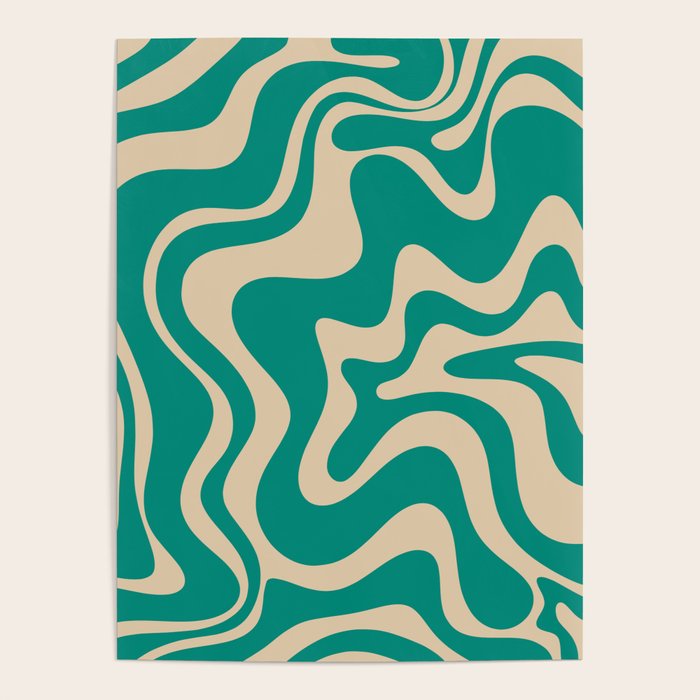 Liquid Swirl Retro Abstract Pattern in Mid Mod Turquoise Teal and Beige Poster Gallery Image 4