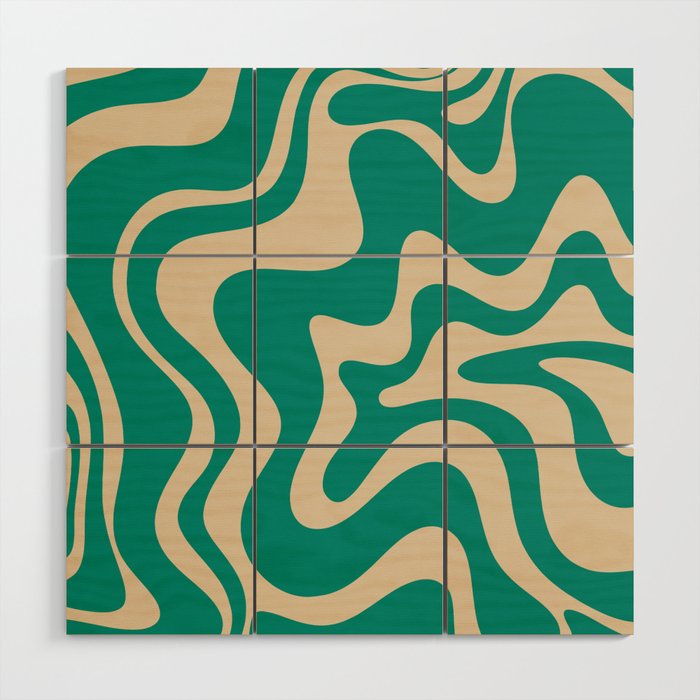 Liquid Swirl Retro Abstract Pattern in Mid Mod Turquoise Teal and Beige Wood Wall Art Gallery Image 1