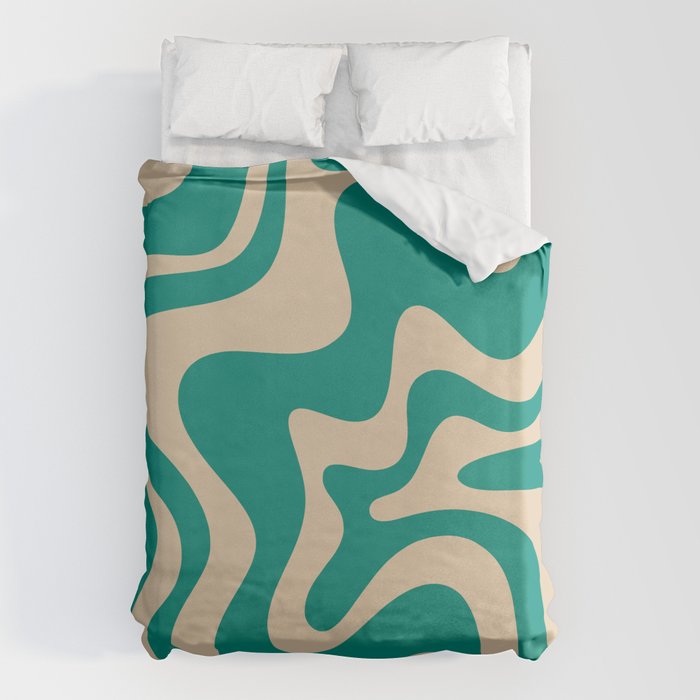 Liquid Swirl Retro Abstract Pattern in Mid Mod Turquoise Teal and Beige Duvet Cover Gallery Image 6