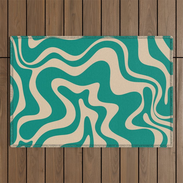 Liquid Swirl Retro Abstract Pattern in Mid Mod Turquoise Teal and Beige Outdoor Rug Gallery Image 1