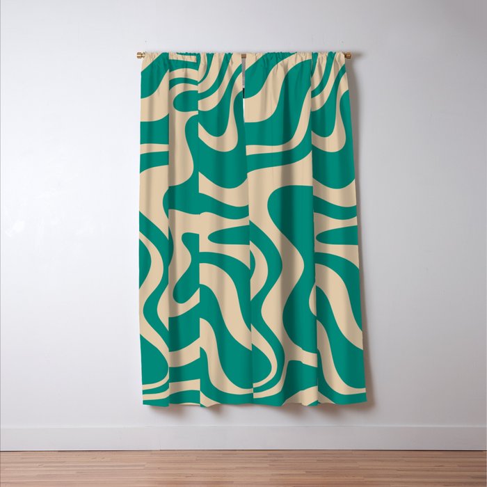 Liquid Swirl Retro Abstract Pattern in Mid Mod Turquoise Teal and Beige Window Curtain Gallery Image 3