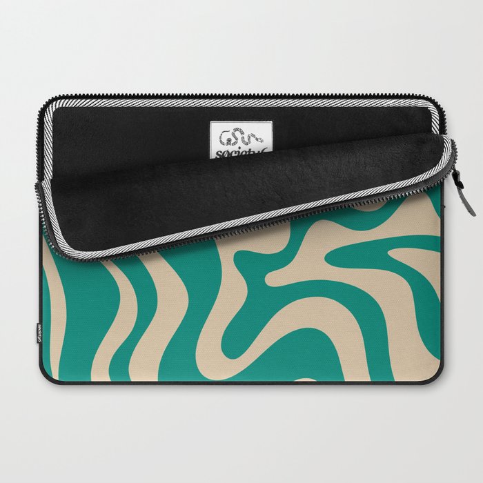Liquid Swirl Retro Abstract Pattern in Mid Mod Turquoise Teal and Beige Laptop Sleeve Gallery Image 2