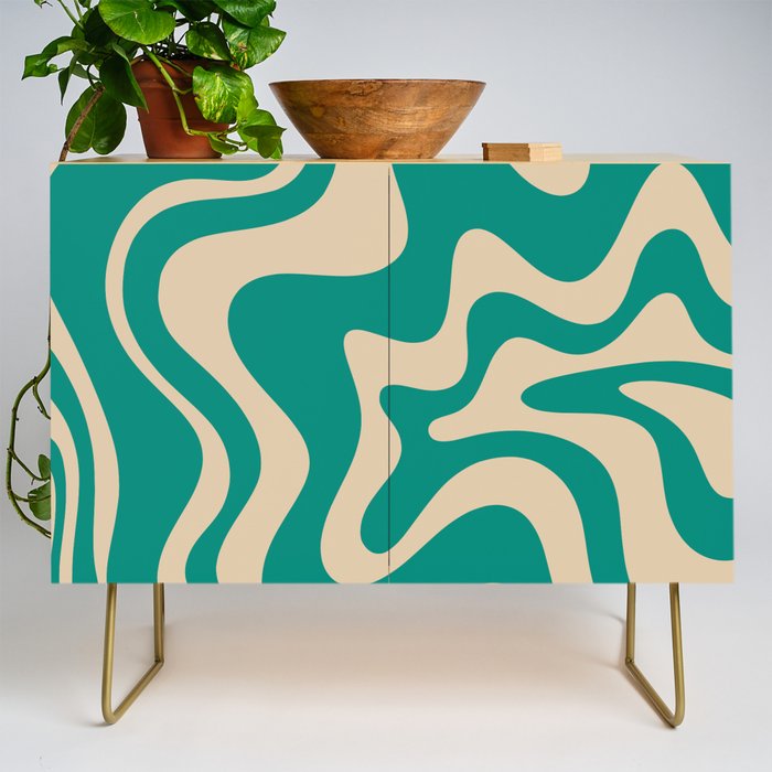 Liquid Swirl Retro Abstract Pattern in Mid Mod Turquoise Teal and Beige Credenza Gallery Image 1
