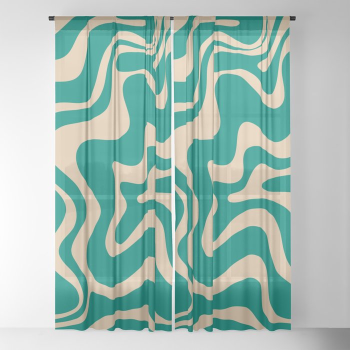 Liquid Swirl Retro Abstract Pattern in Mid Mod Turquoise Teal and Beige Window Curtain Gallery Image 18