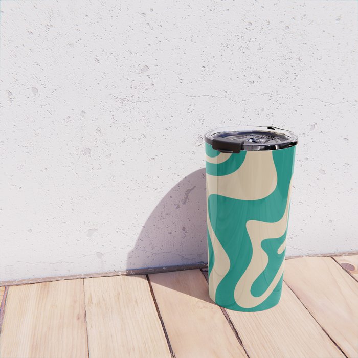 Liquid Swirl Retro Abstract Pattern in Mid Mod Turquoise Teal and Beige Travel Mug Gallery Image 4