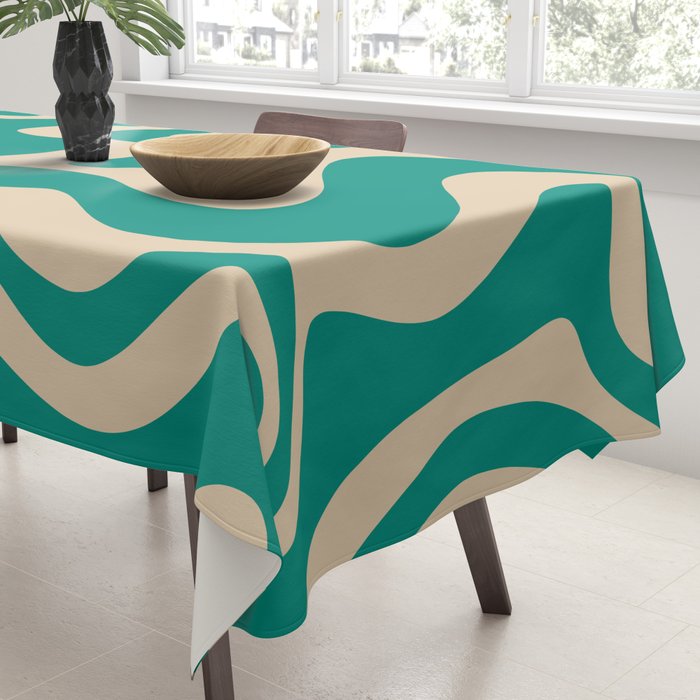 Liquid Swirl Retro Abstract Pattern in Mid Mod Turquoise Teal and Beige Tablecloth Gallery Image 3