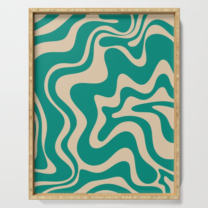 Liquid Swirl Retro Abstract Pattern in Mid Mod Turquoise Teal and Beige Serving Tray Gallery Image 1