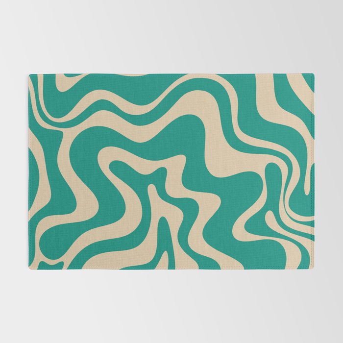 Liquid Swirl Retro Abstract Pattern in Mid Mod Turquoise Teal and Beige Rug Gallery Image 2