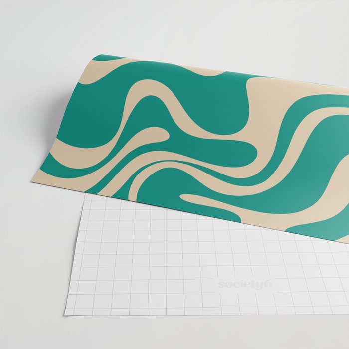 Liquid Swirl Retro Abstract Pattern in Mid Mod Turquoise Teal and Beige Wrapping Paper Gallery Image 2