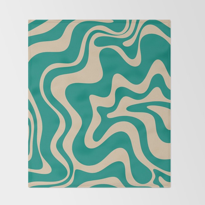 Liquid Swirl Retro Abstract Pattern in Mid Mod Turquoise Teal and Beige Throw Blanket Gallery Image 2