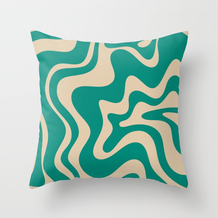 Liquid Swirl Retro Abstract Pattern in Mid Mod Turquoise Teal and Beige Throw Pillow Gallery Image 1